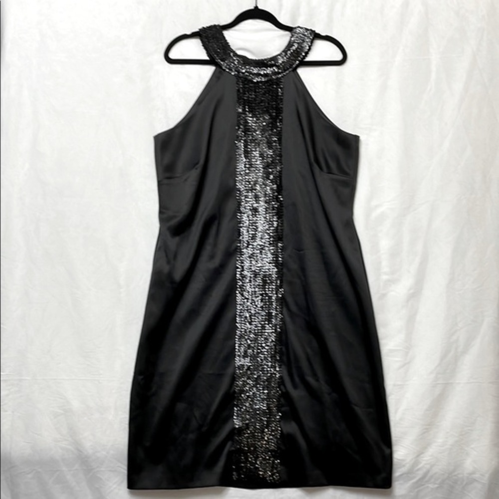 Ashley Stewart Black Sequin Halter Formal Dress, Flattering Vertical Stripe, 16
